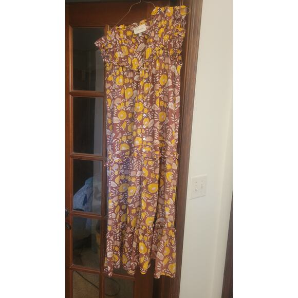 Cleobella Harper Midi Ruffle Tiered Dress Medium Yellow Floral Brown Coquette - Picture 2 of 2